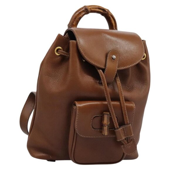 Gucci Handbags - GUCCI Bamboo Backpack Leather Brown Gold Auth bs23503